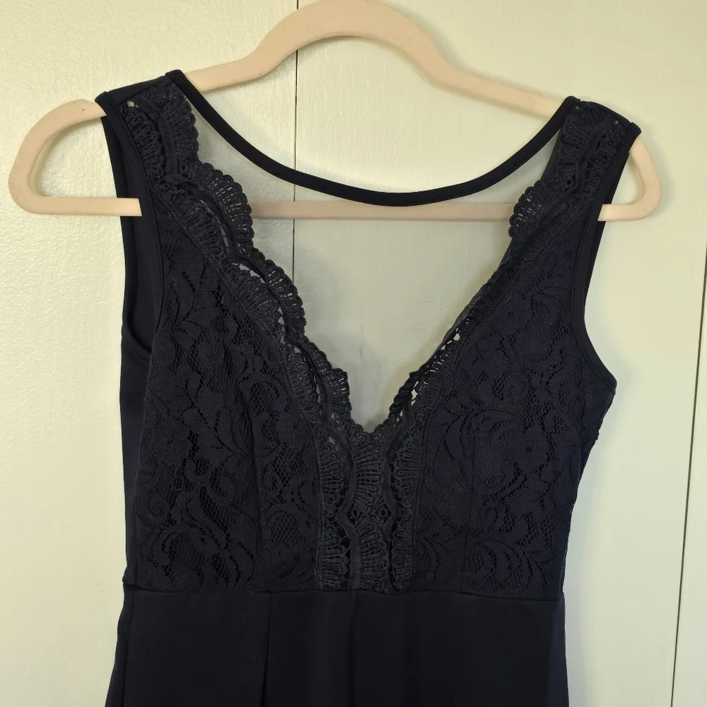 Sleeveless Lace Sheer Deep V-Neck A Line Navy Dress Size S - Picture 3 of 10